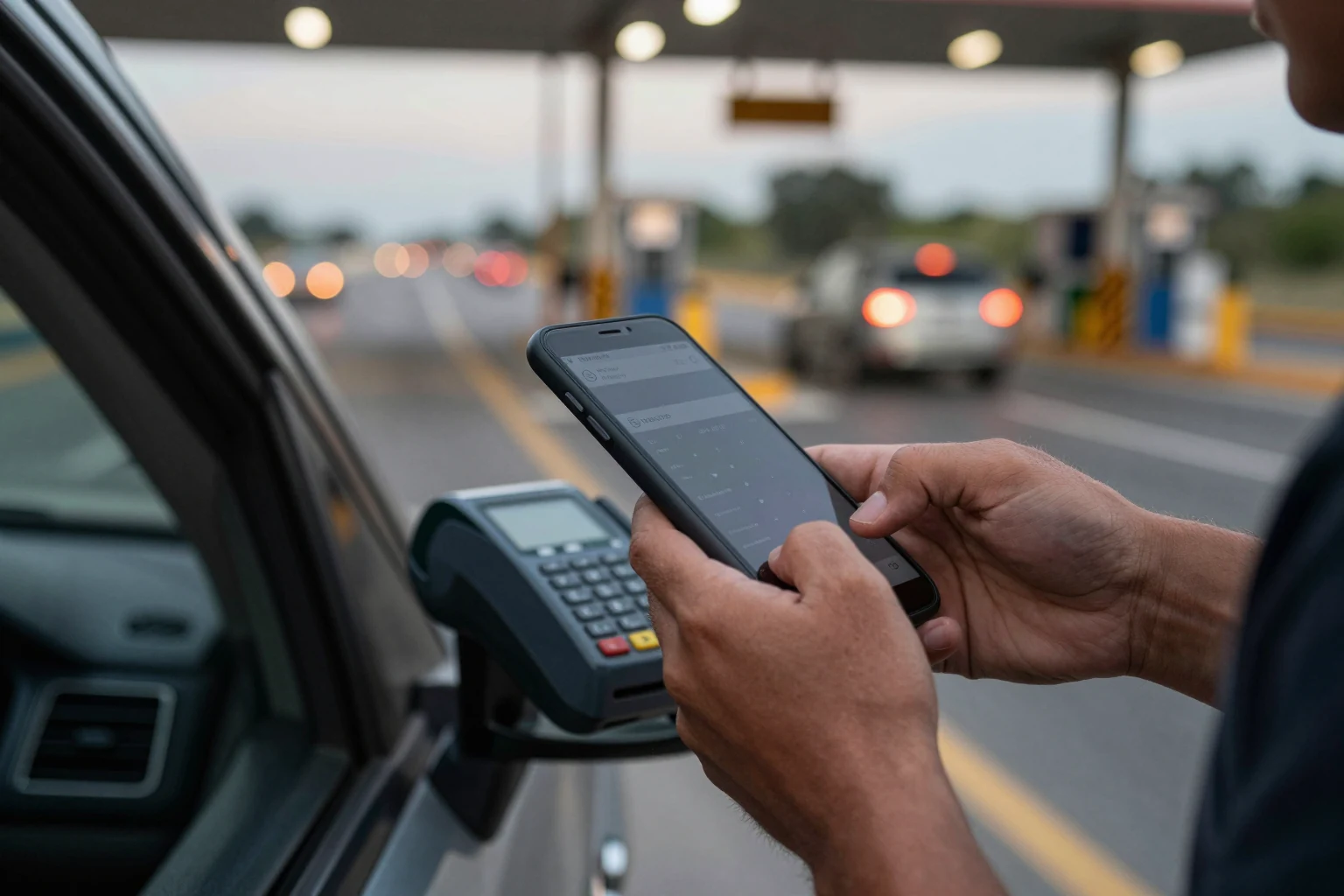 Pago con el teléfono en una caseta de autopista.