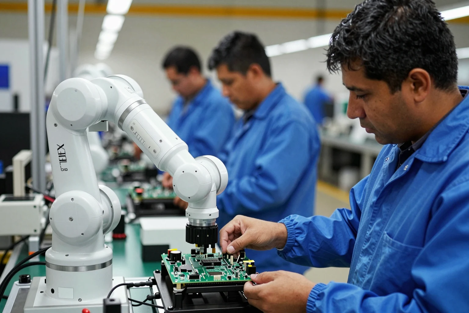 Línea de ensamble electrónico con un robot colaborativo.