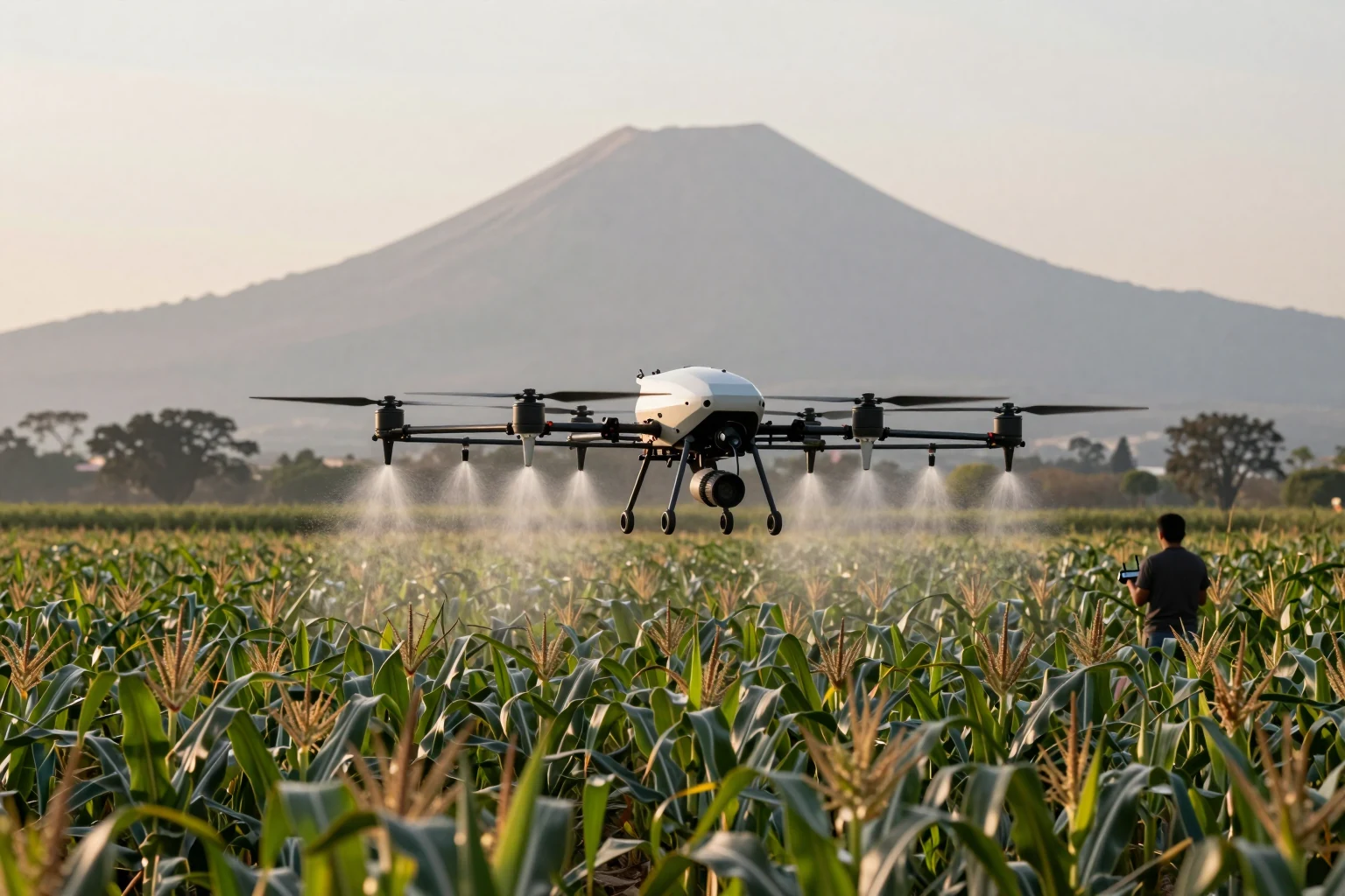 Un dron fumiga una parcela de maíz.