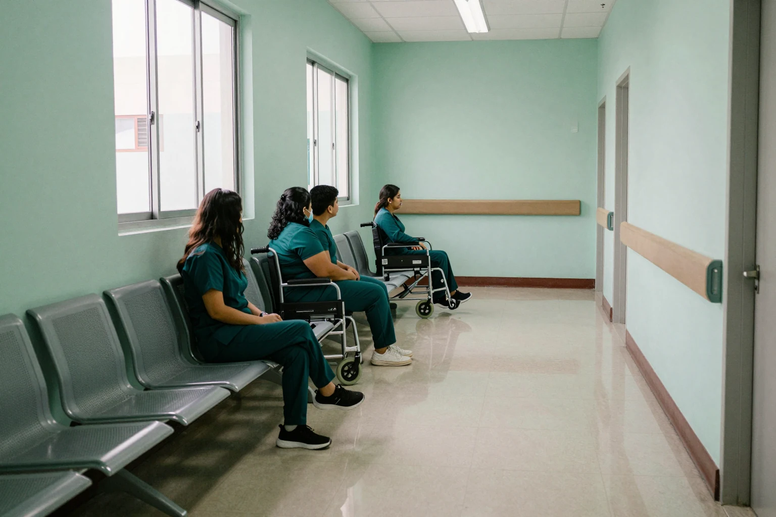 Un pasillo de hospital público por la mañana.