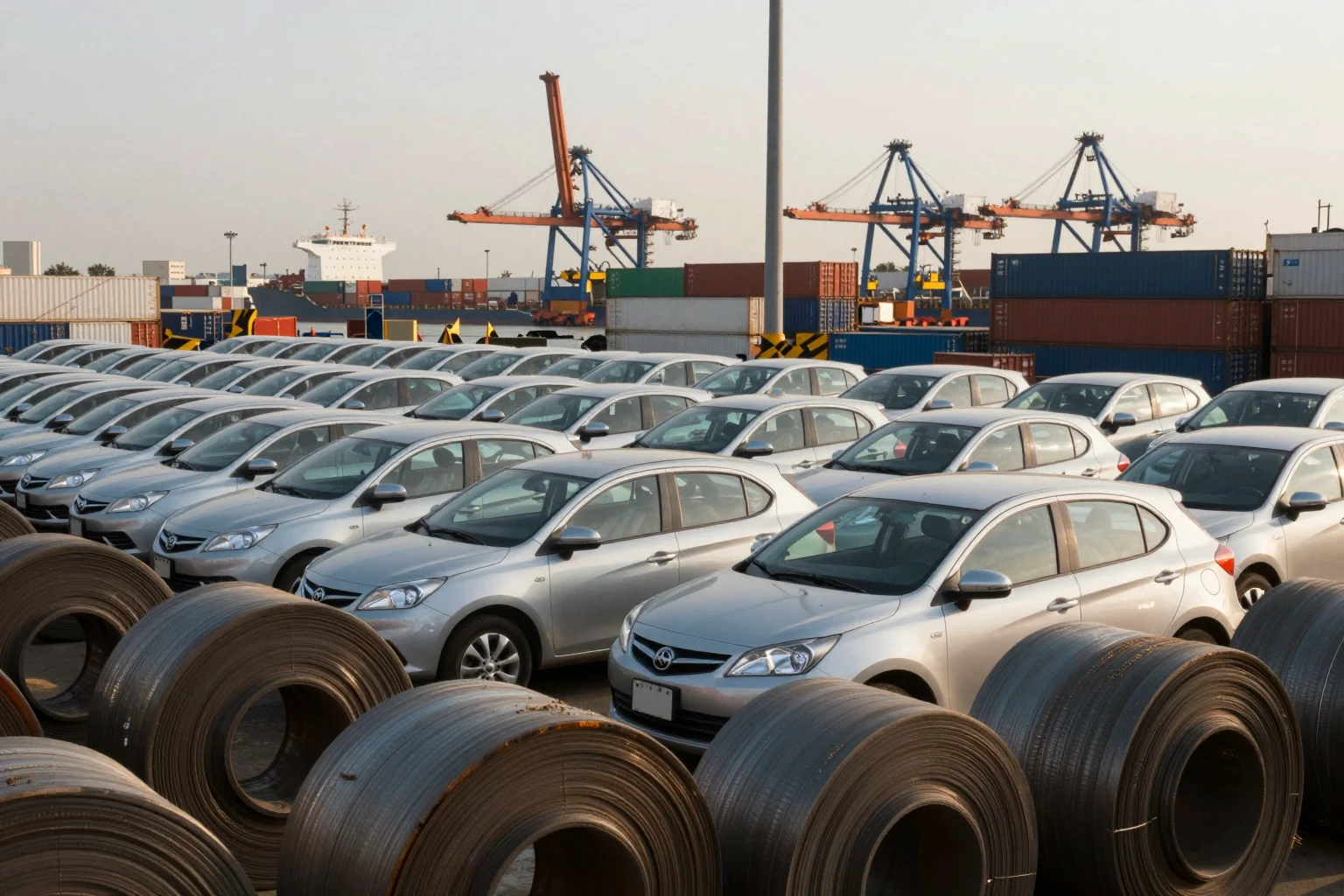 Autos nuevos y rollos de acero en un patio de exportación.